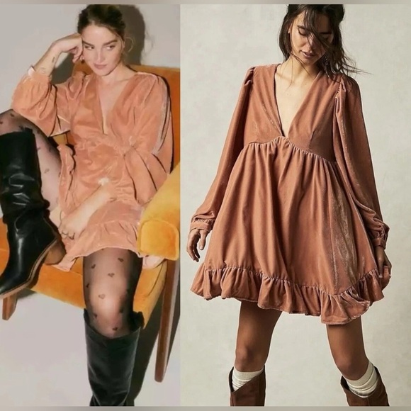 New FREE PEOPLE Estella Velvet Ruffled Mini Dress Babydoll Pink Rose S Coquette - Picture 10 of 12
